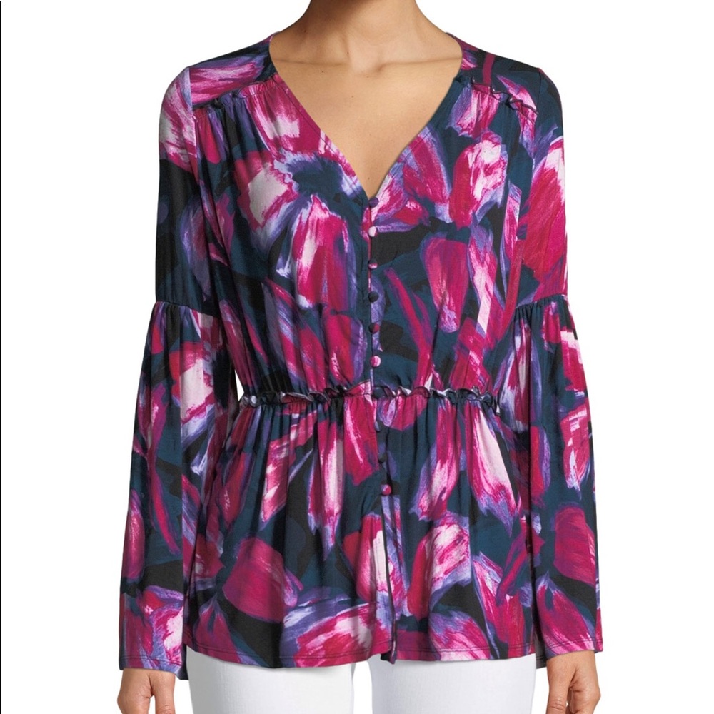 Joan Vass Floral V Neck Button Front Blouse